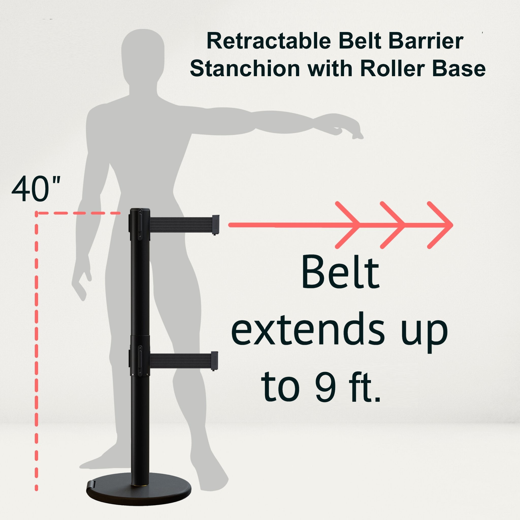 Retractable Dual Belt Barrier Stanchion, Rolling Base, Black Steel Post, 9 ft Belt - Montour Line ME630D - Crowd Control Warehouse