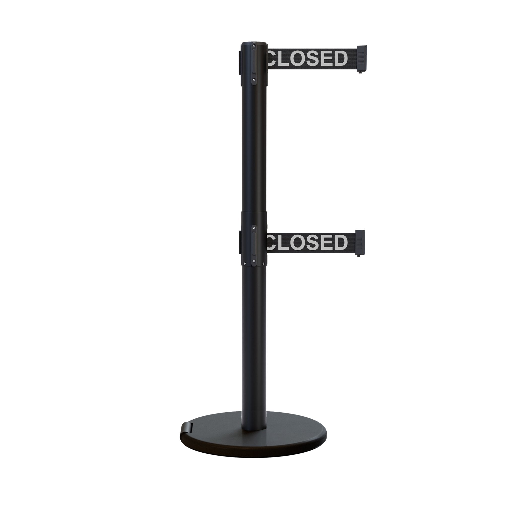 Retractable Dual Belt Barrier Stanchion, Rolling Base, Black Steel Post, 9 ft Belt - Montour Line ME630D - Crowd Control Warehouse