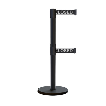 Retractable Dual Belt Barrier Stanchion, Rolling Base, Black Steel Post, 9 ft Belt - Montour Line ME630D - Crowd Control Warehouse