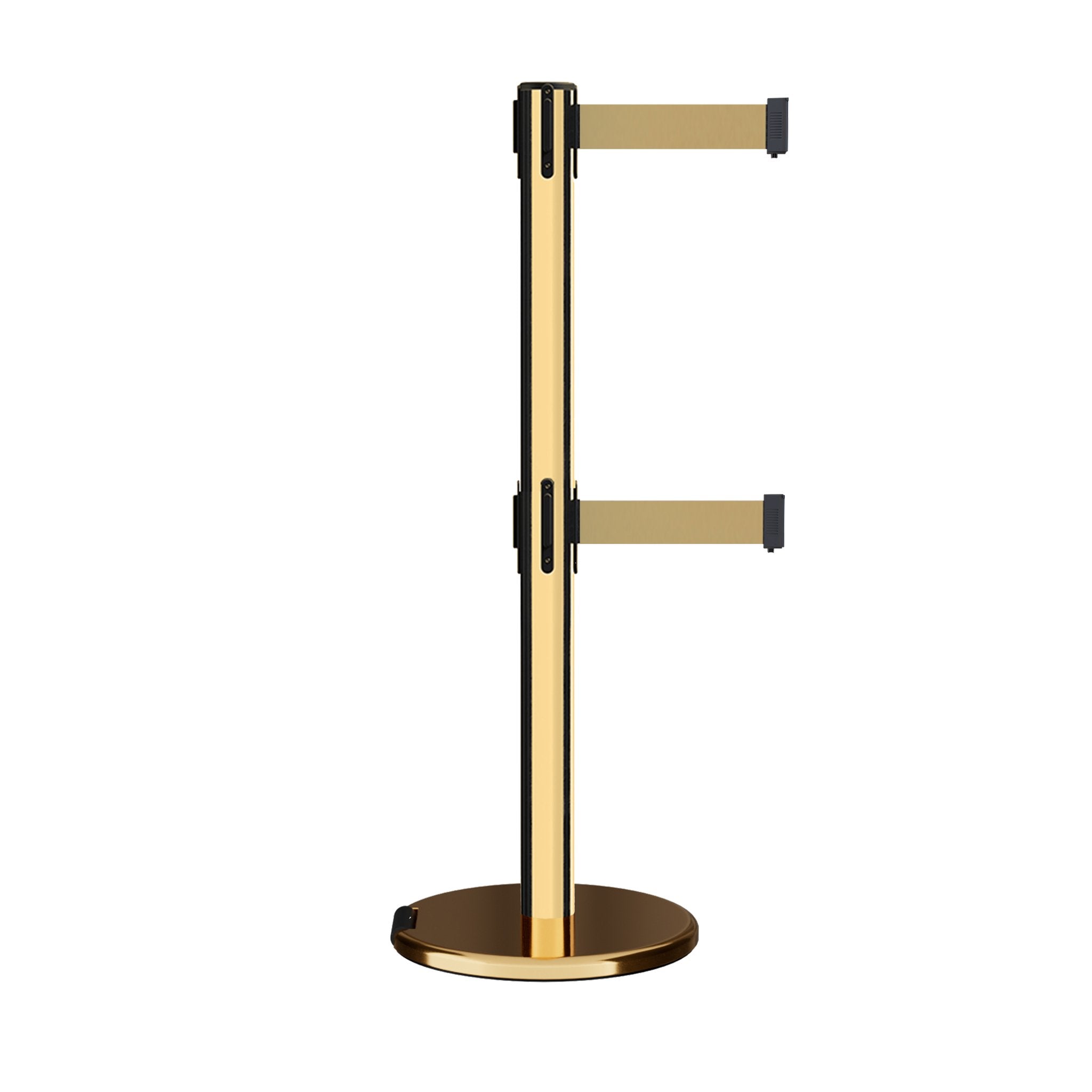 Retractable Dual Belt Barrier Stanchion, Rolling Base, Polished Brass Post, 11 ft Belt - Montour Line ME630D - Crowd Control Warehouse