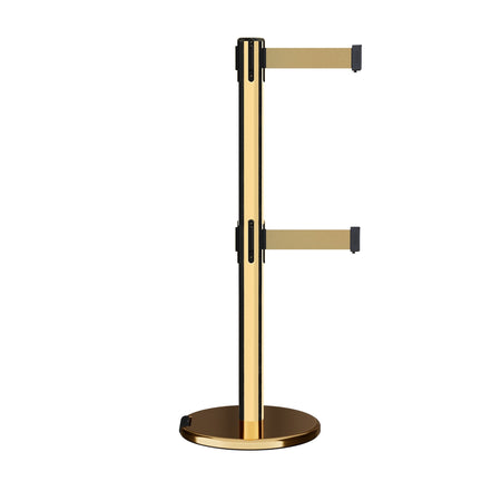 Retractable Dual Belt Barrier Stanchion, Rolling Base, Polished Brass Post, 11 ft Belt - Montour Line ME630D - Crowd Control Warehouse