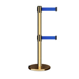 Retractable Dual Belt Barrier Stanchion, Rolling Base, Polished Brass Post, 11 ft Belt - Montour Line ME630D - Crowd Control Warehouse