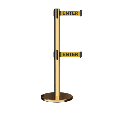Retractable Dual Belt Barrier Stanchion, Rolling Base, Polished Brass Post, 11 ft Belt - Montour Line ME630D - Crowd Control Warehouse