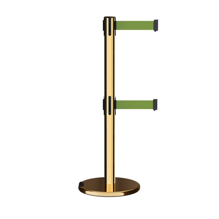 Retractable Dual Belt Barrier Stanchion, Rolling Base, Polished Brass Post, 11 ft Belt - Montour Line ME630D - Crowd Control Warehouse