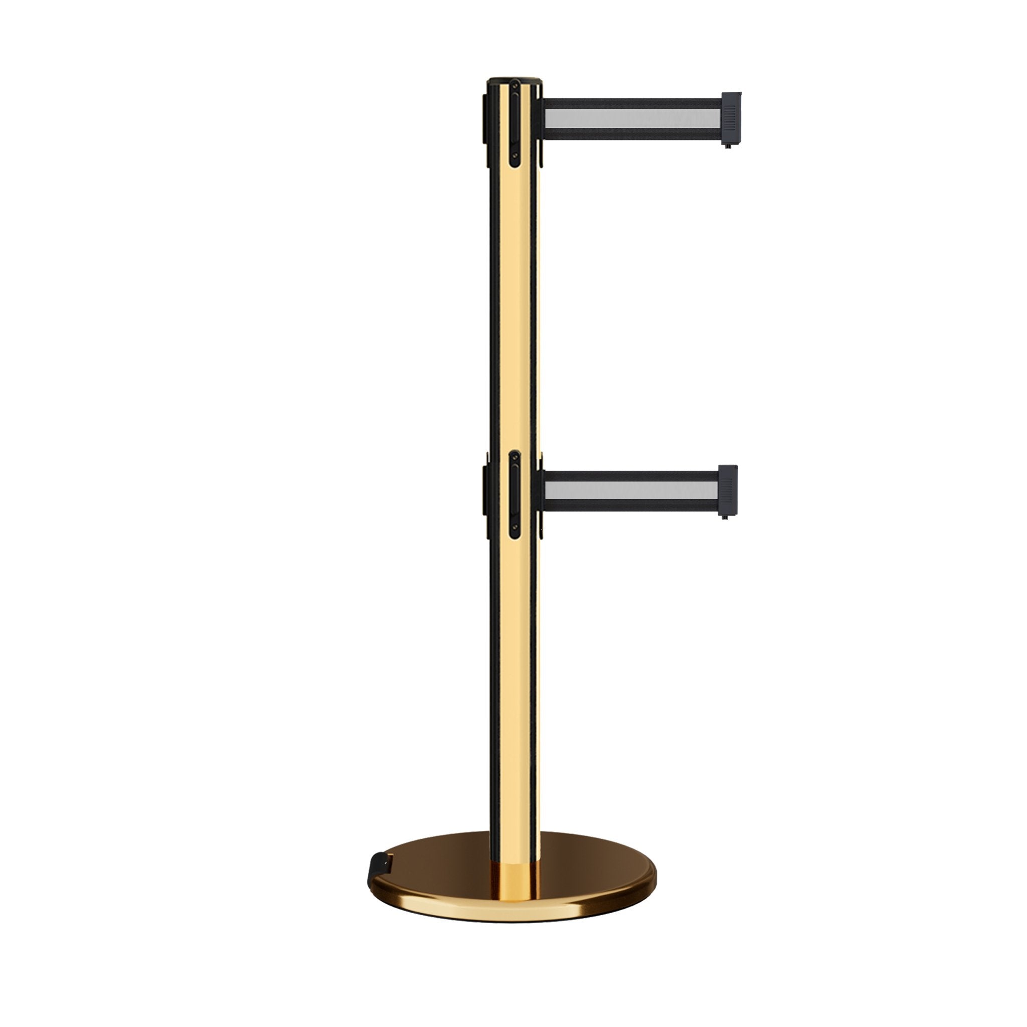 Retractable Dual Belt Barrier Stanchion, Rolling Base, Polished Brass Post, 11 ft Belt - Montour Line ME630D - Crowd Control Warehouse