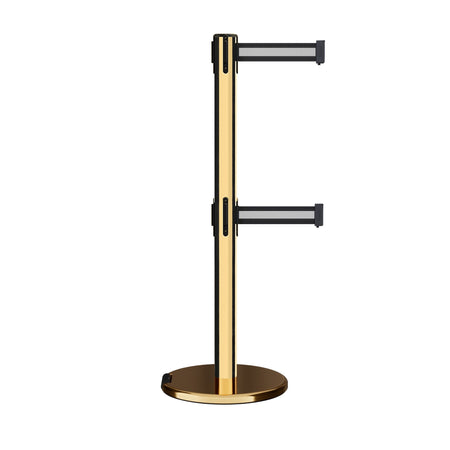 Retractable Dual Belt Barrier Stanchion, Rolling Base, Polished Brass Post, 11 ft Belt - Montour Line ME630D - Crowd Control Warehouse