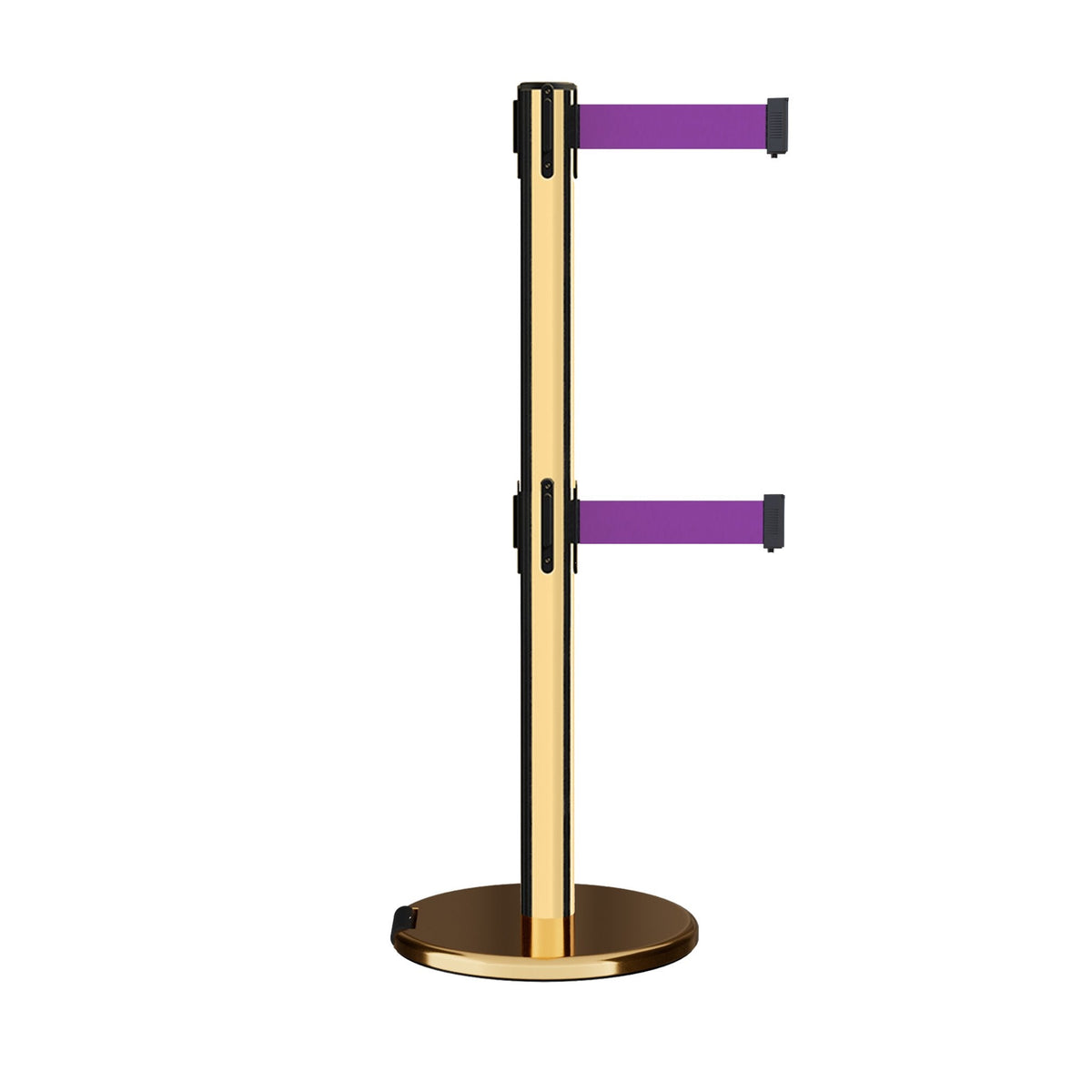 Retractable Dual Belt Barrier Stanchion, Rolling Base, Polished Brass Post, 11 ft Belt - Montour Line ME630D - Crowd Control Warehouse