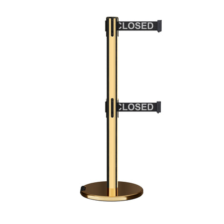 Retractable Dual Belt Barrier Stanchion, Rolling Base, Polished Brass Post, 11 ft Belt - Montour Line ME630D - Crowd Control Warehouse