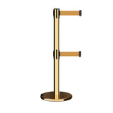 Retractable Dual Belt Barrier Stanchion, Rolling Base, Polished Brass Post, 11 ft Belt - Montour Line ME630D - Crowd Control Warehouse