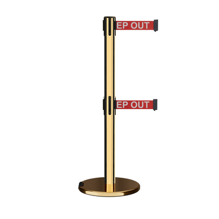 Retractable Dual Belt Barrier Stanchion, Rolling Base, Polished Brass Post, 11 ft Belt - Montour Line ME630D - Crowd Control Warehouse