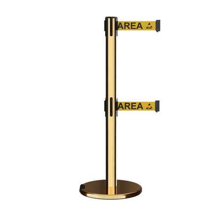 Retractable Dual Belt Barrier Stanchion, Rolling Base, Polished Brass Post, 11 ft Belt - Montour Line ME630D - Crowd Control Warehouse
