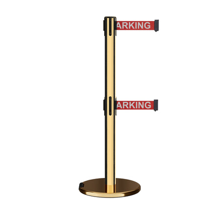 Retractable Dual Belt Barrier Stanchion, Rolling Base, Polished Brass Post, 11 ft Belt - Montour Line ME630D - Crowd Control Warehouse
