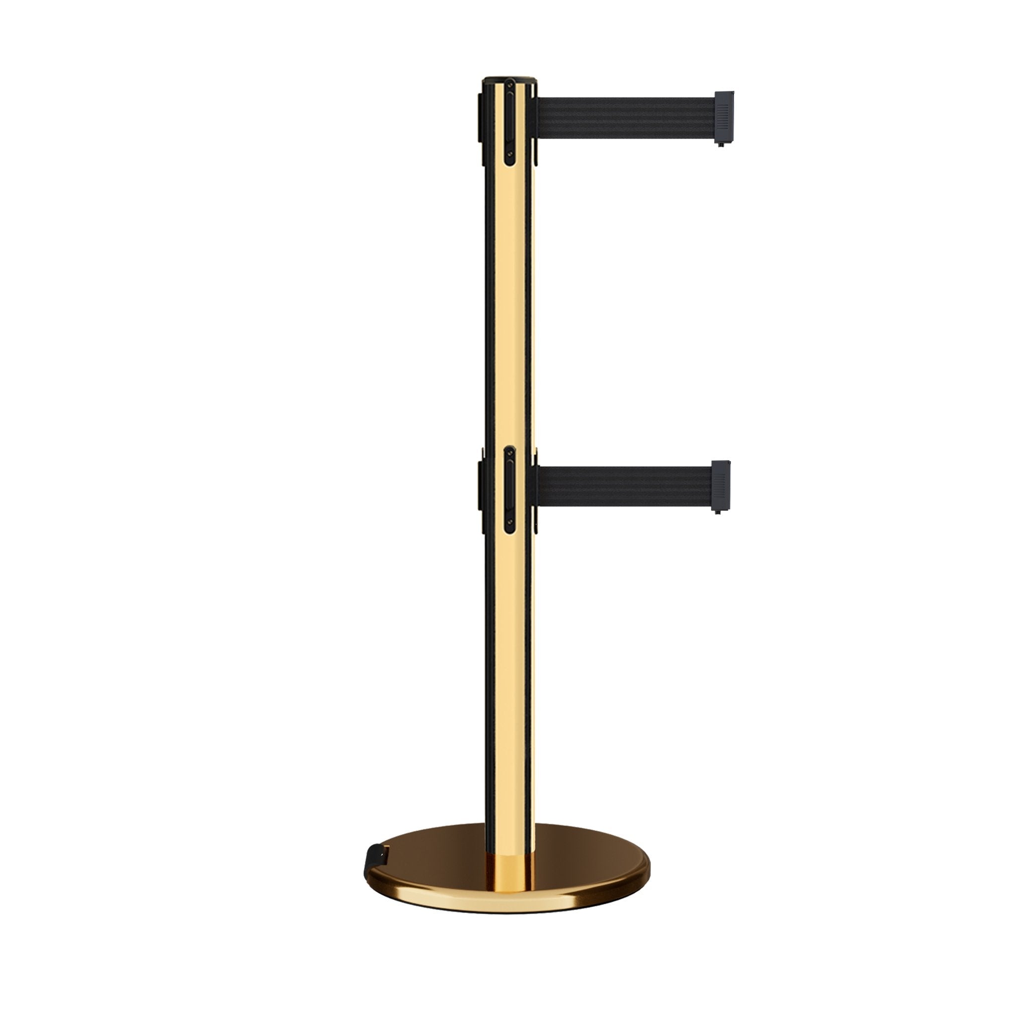 Retractable Dual Belt Barrier Stanchion, Rolling Base, Polished Brass Post, 11 ft Belt - Montour Line ME630D - Crowd Control Warehouse