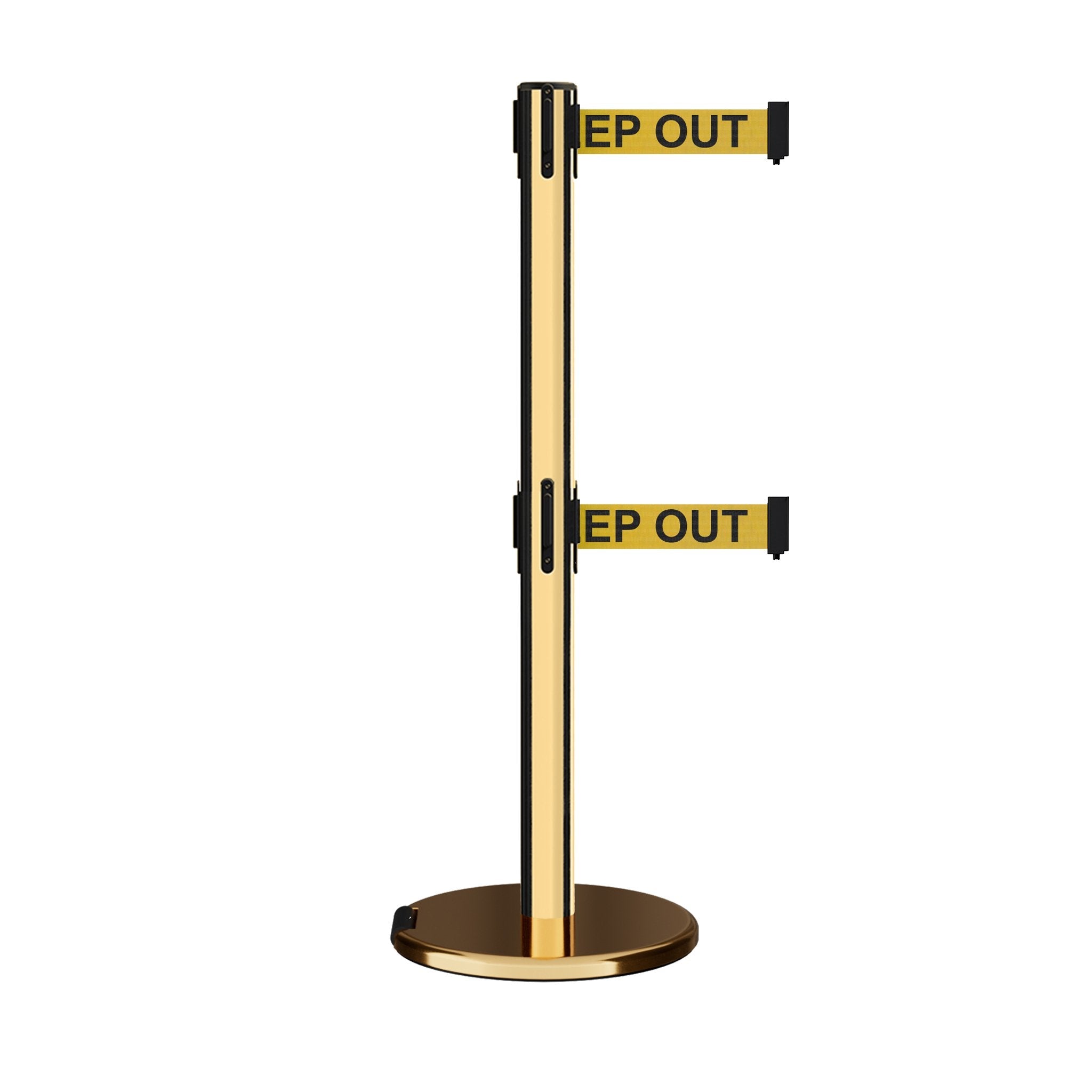 Retractable Dual Belt Barrier Stanchion, Rolling Base, Polished Brass Post, 11 ft Belt - Montour Line ME630D - Crowd Control Warehouse