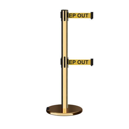Retractable Dual Belt Barrier Stanchion, Rolling Base, Polished Brass Post, 11 ft Belt - Montour Line ME630D - Crowd Control Warehouse
