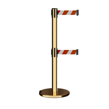 Retractable Dual Belt Barrier Stanchion, Rolling Base, Polished Brass Post, 11 ft Belt - Montour Line ME630D - Crowd Control Warehouse