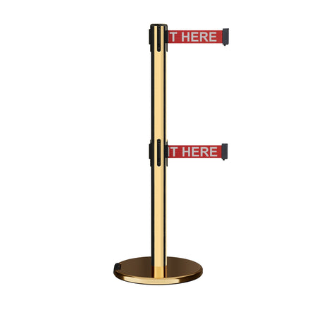 Retractable Dual Belt Barrier Stanchion, Rolling Base, Polished Brass Post, 11 ft Belt - Montour Line ME630D - Crowd Control Warehouse