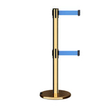Retractable Dual Belt Barrier Stanchion, Rolling Base, Polished Brass Post, 11 ft Belt - Montour Line ME630D - Crowd Control Warehouse