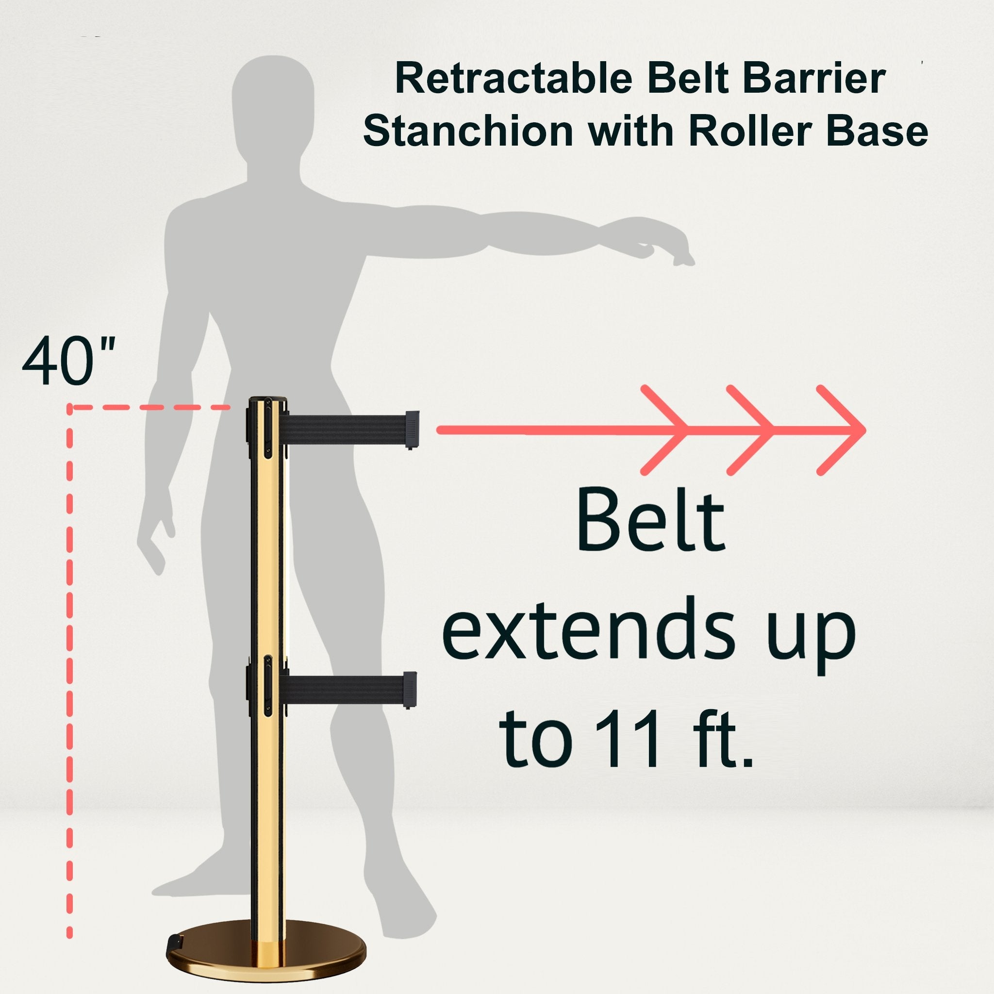 Retractable Dual Belt Barrier Stanchion, Rolling Base, Polished Brass Post, 11 ft Belt - Montour Line ME630D - Crowd Control Warehouse