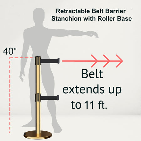 Retractable Dual Belt Barrier Stanchion, Rolling Base, Polished Brass Post, 11 ft Belt - Montour Line ME630D - Crowd Control Warehouse