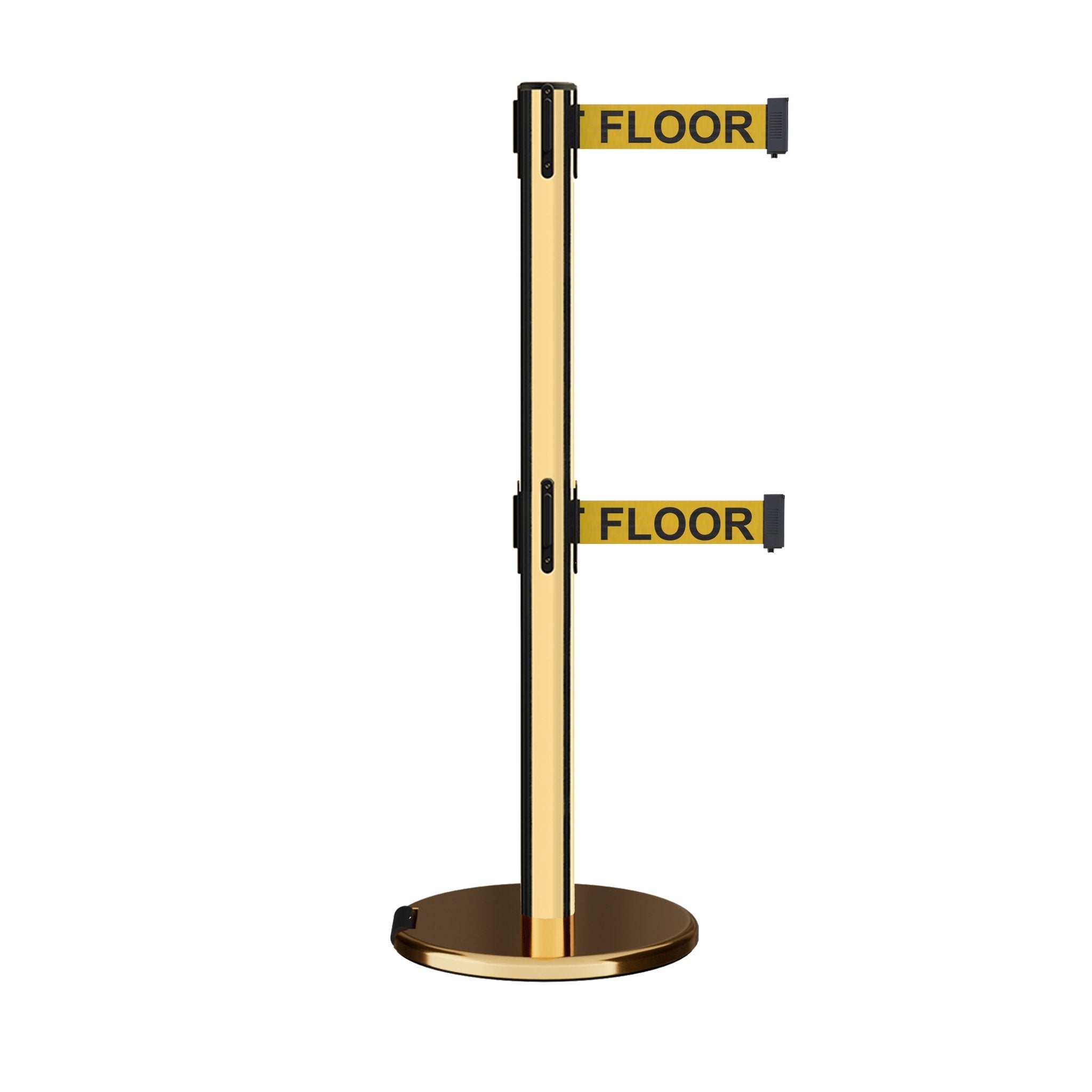 Retractable Dual Belt Barrier Stanchion, Rolling Base, Polished Brass Post, 11 ft Belt - Montour Line ME630D - Crowd Control Warehouse