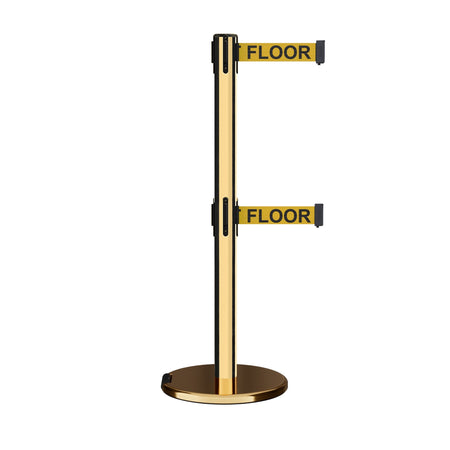 Retractable Dual Belt Barrier Stanchion, Rolling Base, Polished Brass Post, 11 ft Belt - Montour Line ME630D - Crowd Control Warehouse