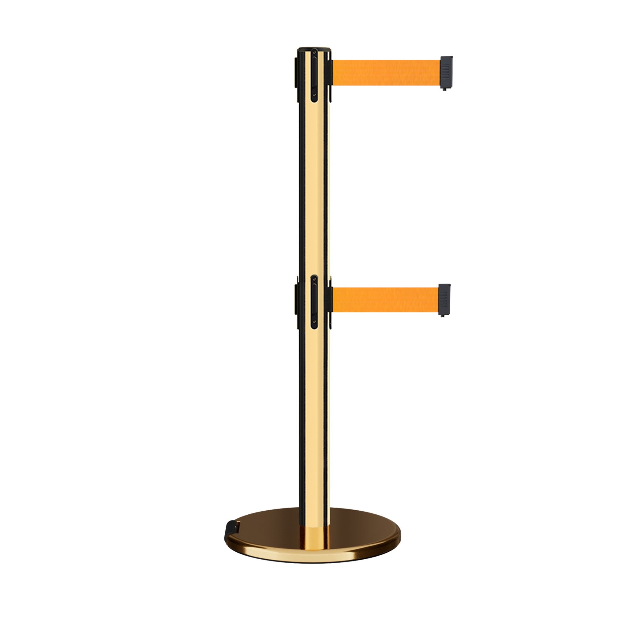 Retractable Dual Belt Barrier Stanchion, Rolling Base, Polished Brass Post, 11 ft Belt - Montour Line ME630D - Crowd Control Warehouse