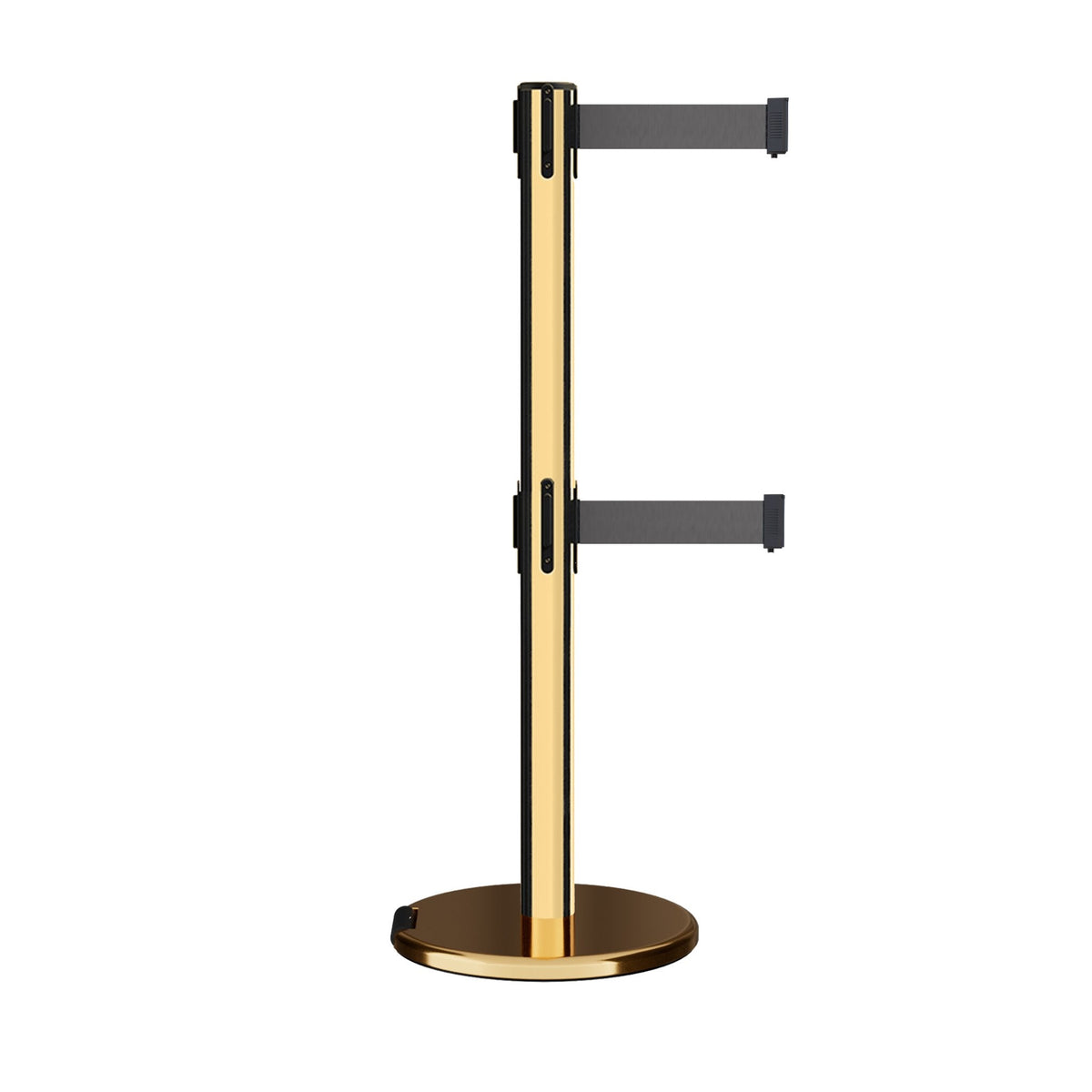 Retractable Dual Belt Barrier Stanchion, Rolling Base, Polished Brass Post, 11 ft Belt - Montour Line ME630D - Crowd Control Warehouse