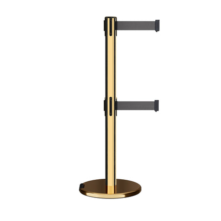 Retractable Dual Belt Barrier Stanchion, Rolling Base, Polished Brass Post, 11 ft Belt - Montour Line ME630D - Crowd Control Warehouse