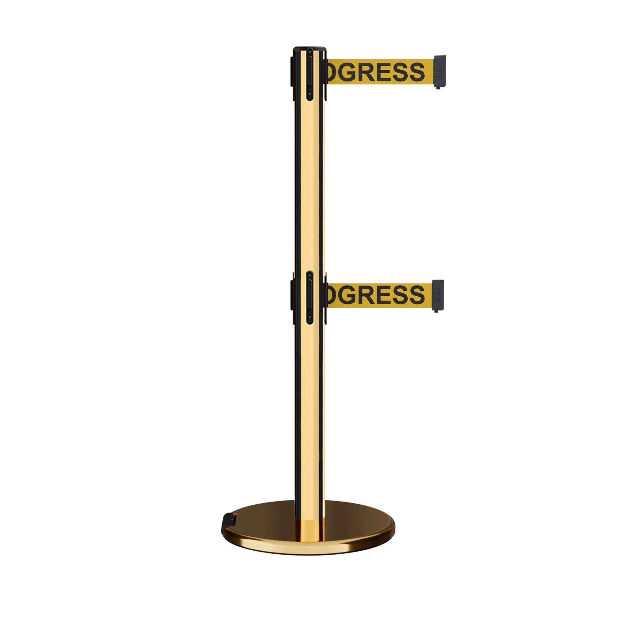 Retractable Dual Belt Barrier Stanchion, Rolling Base, Polished Brass Post, 11 ft Belt - Montour Line ME630D - Crowd Control Warehouse