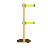 Retractable Dual Belt Barrier Stanchion, Rolling Base, Polished Brass Post, 11 ft Belt - Montour Line ME630D - Crowd Control Warehouse