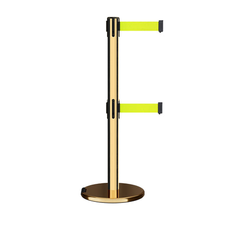 Retractable Dual Belt Barrier Stanchion, Rolling Base, Polished Brass Post, 11 ft Belt - Montour Line ME630D - Crowd Control Warehouse