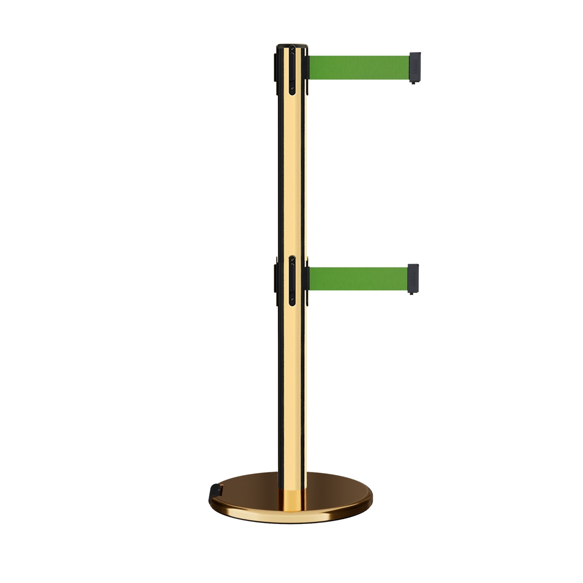 Retractable Dual Belt Barrier Stanchion, Rolling Base, Polished Brass Post, 11 ft Belt - Montour Line ME630D - Crowd Control Warehouse