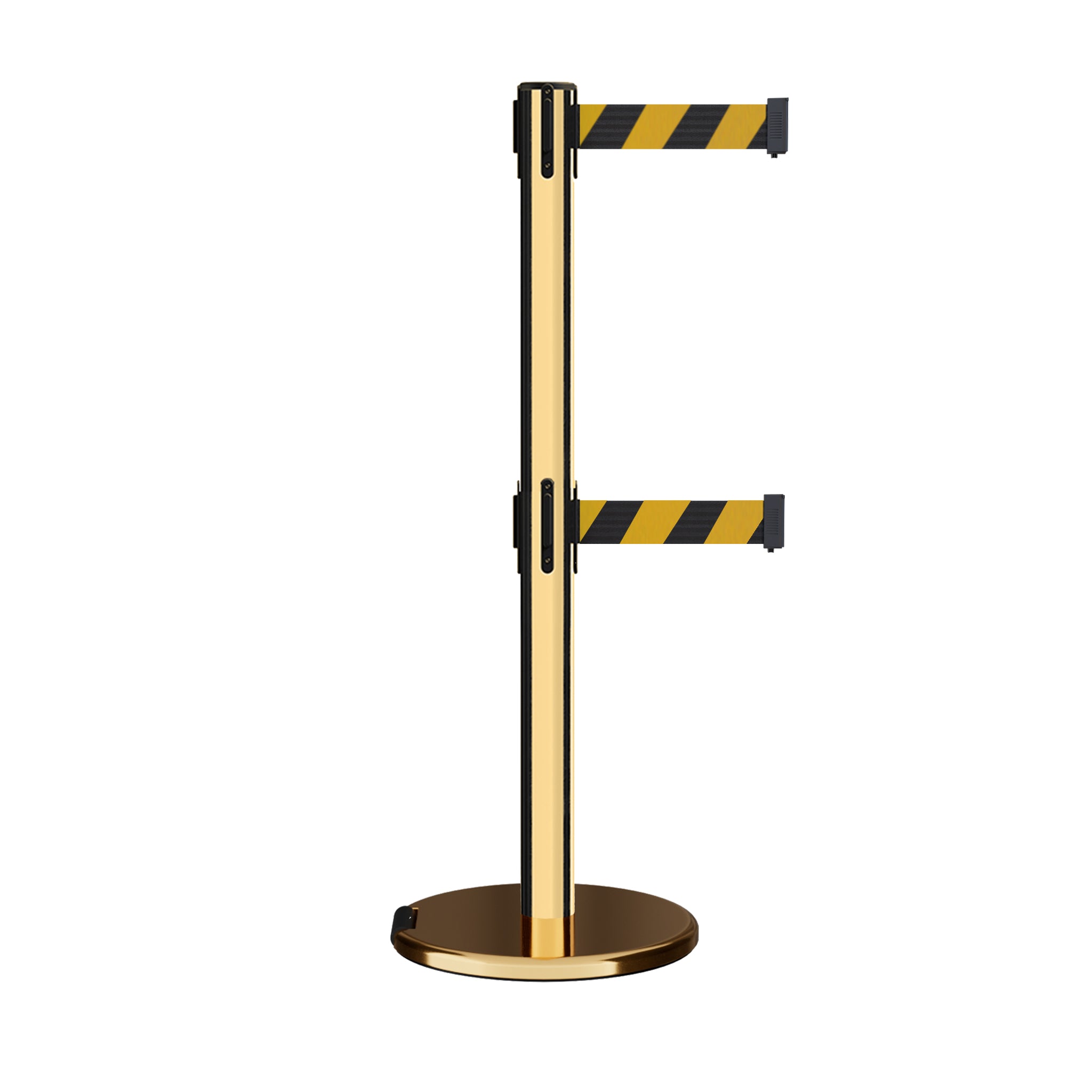 Retractable Dual Belt Barrier Stanchion, Rolling Base, Polished Brass Post, 13 ft Belt - Montour Line ME630D - Crowd Control Warehouse