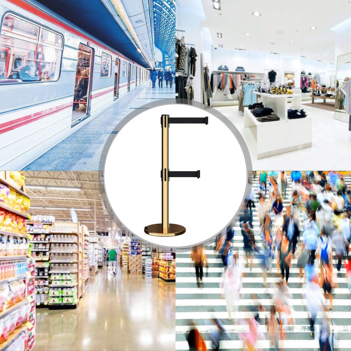 Retractable Dual Belt Barrier Stanchion, Rolling Base, Polished Brass Post, 13 ft Belt - Montour Line ME630D - Crowd Control Warehouse