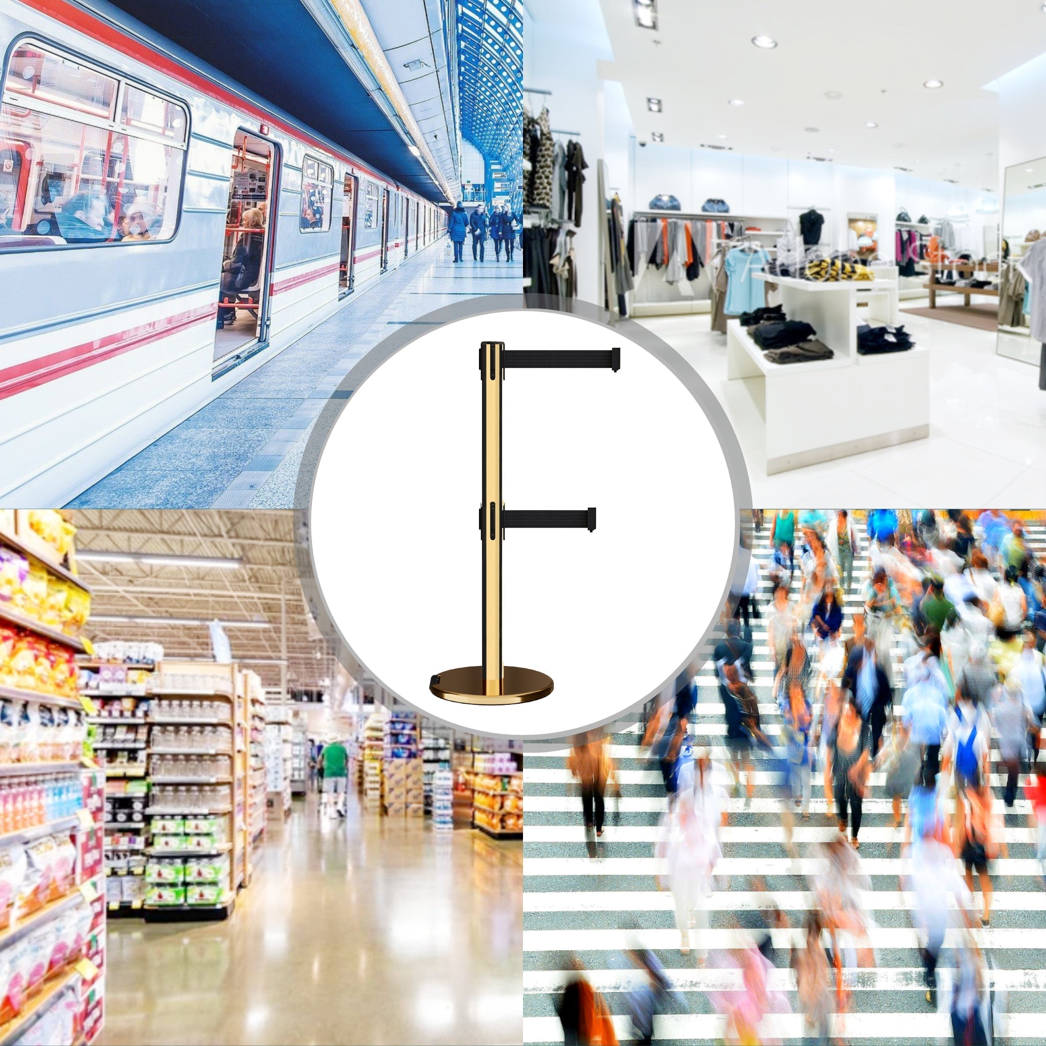 Retractable Dual Belt Barrier Stanchion, Rolling Base, Polished Brass Post, 13 ft Belt - Montour Line ME630D - Crowd Control Warehouse