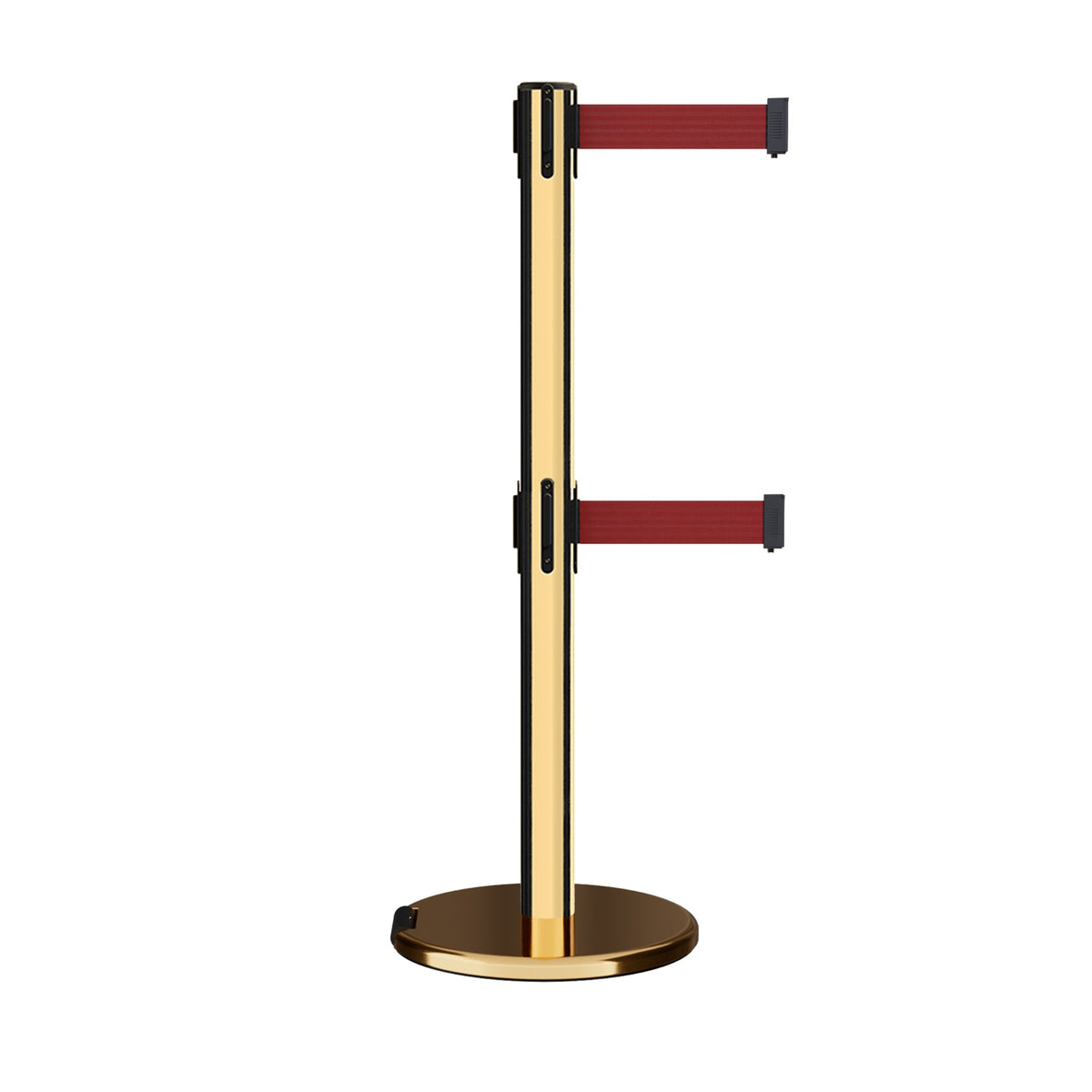 Retractable Dual Belt Barrier Stanchion, Rolling Base, Polished Brass Post, 13 ft Belt - Montour Line ME630D - Crowd Control Warehouse