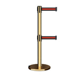 Retractable Dual Belt Barrier Stanchion, Rolling Base, Polished Brass Post, 13 ft Belt - Montour Line ME630D - Crowd Control Warehouse