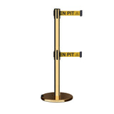 Retractable Dual Belt Barrier Stanchion, Rolling Base, Polished Brass Post, 13 ft Belt - Montour Line ME630D - Crowd Control Warehouse