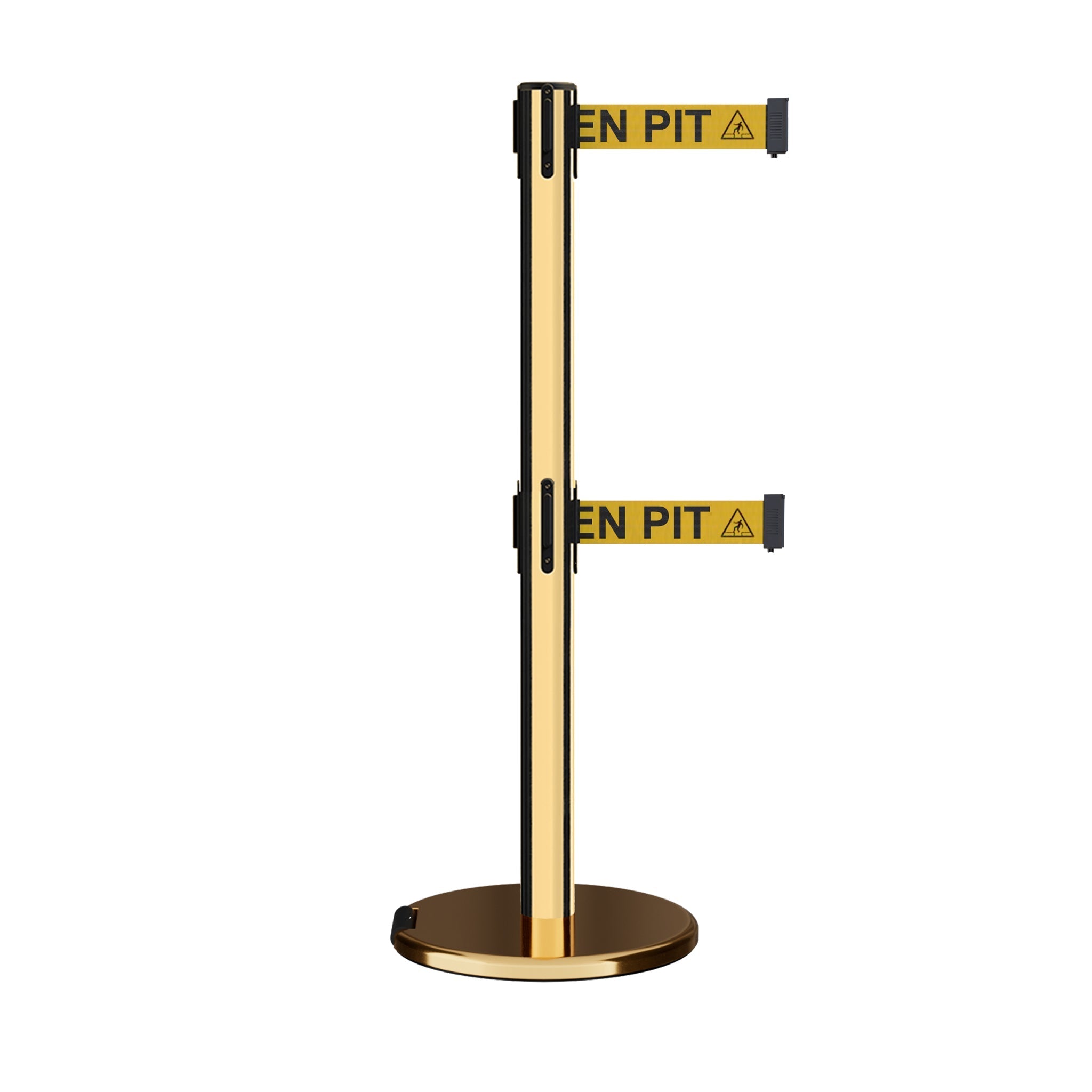 Retractable Dual Belt Barrier Stanchion, Rolling Base, Polished Brass Post, 13 ft Belt - Montour Line ME630D - Crowd Control Warehouse