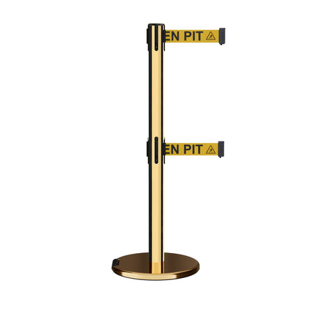 Retractable Dual Belt Barrier Stanchion, Rolling Base, Polished Brass Post, 13 ft Belt - Montour Line ME630D - Crowd Control Warehouse