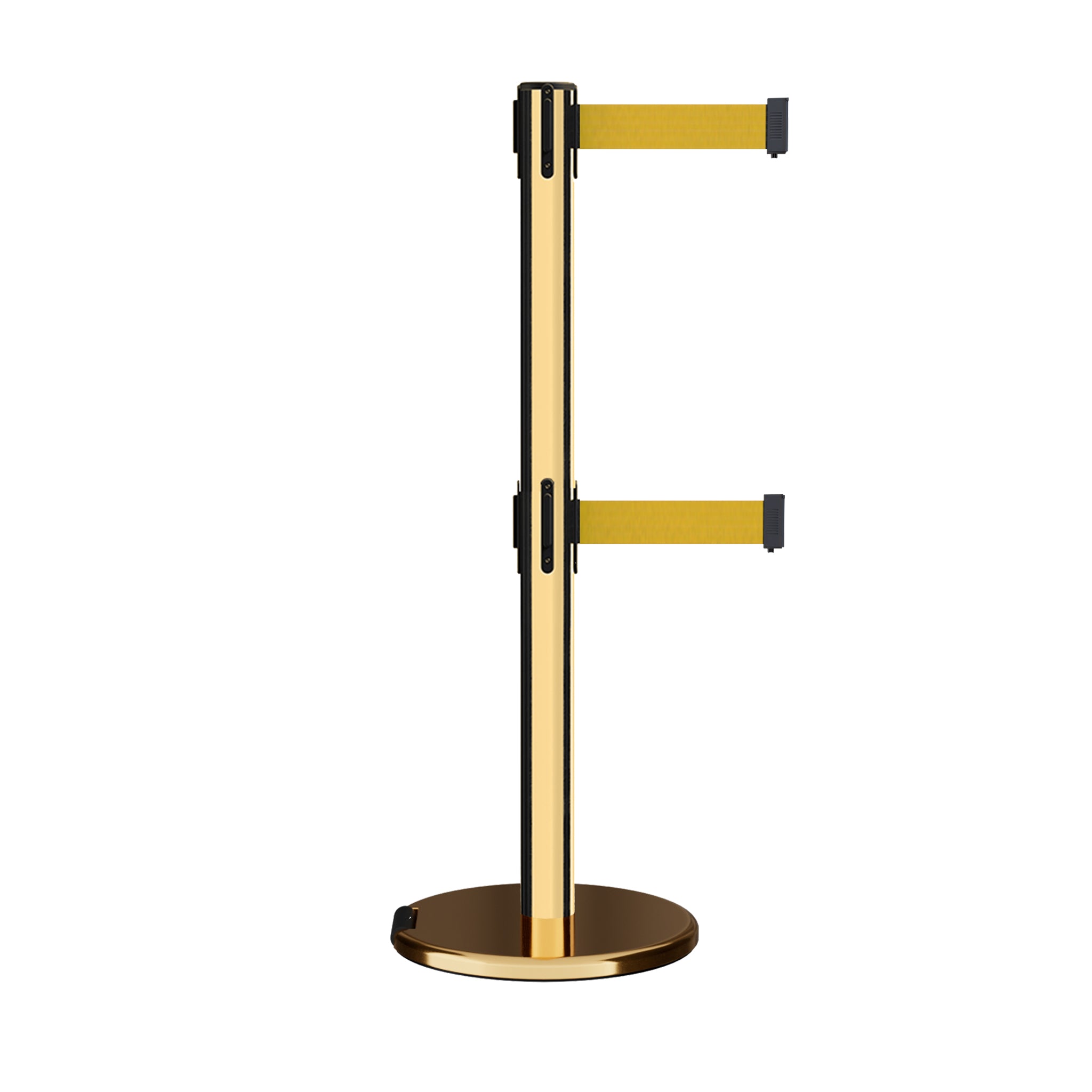 Retractable Dual Belt Barrier Stanchion, Rolling Base, Polished Brass Post, 13 ft Belt - Montour Line ME630D - Crowd Control Warehouse