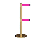 Retractable Dual Belt Barrier Stanchion, Rolling Base, Polished Brass Post, 13 ft Belt - Montour Line ME630D - Crowd Control Warehouse