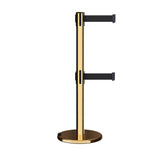 Retractable Dual Belt Barrier Stanchion, Rolling Base, Polished Brass Post, 13 ft Belt - Montour Line ME630D - Crowd Control Warehouse