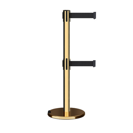Retractable Dual Belt Barrier Stanchion, Rolling Base, Polished Brass Post, 13 ft Belt - Montour Line ME630D - Crowd Control Warehouse
