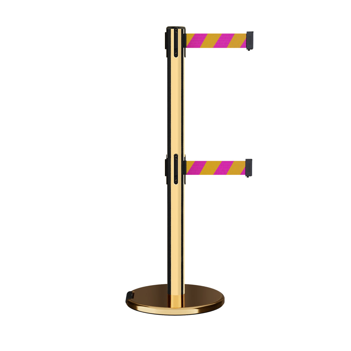 Retractable Dual Belt Barrier Stanchion, Rolling Base, Polished Brass Post, 13 ft Belt - Montour Line ME630D - Crowd Control Warehouse