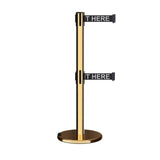 Retractable Dual Belt Barrier Stanchion, Rolling Base, Polished Brass Post, 13 ft Belt - Montour Line ME630D - Crowd Control Warehouse