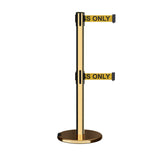 Retractable Dual Belt Barrier Stanchion, Rolling Base, Polished Brass Post, 13 ft Belt - Montour Line ME630D - Crowd Control Warehouse