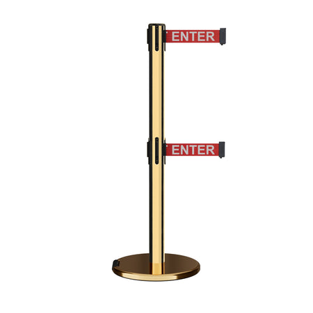 Retractable Dual Belt Barrier Stanchion, Rolling Base, Polished Brass Post, 13 ft Belt - Montour Line ME630D - Crowd Control Warehouse