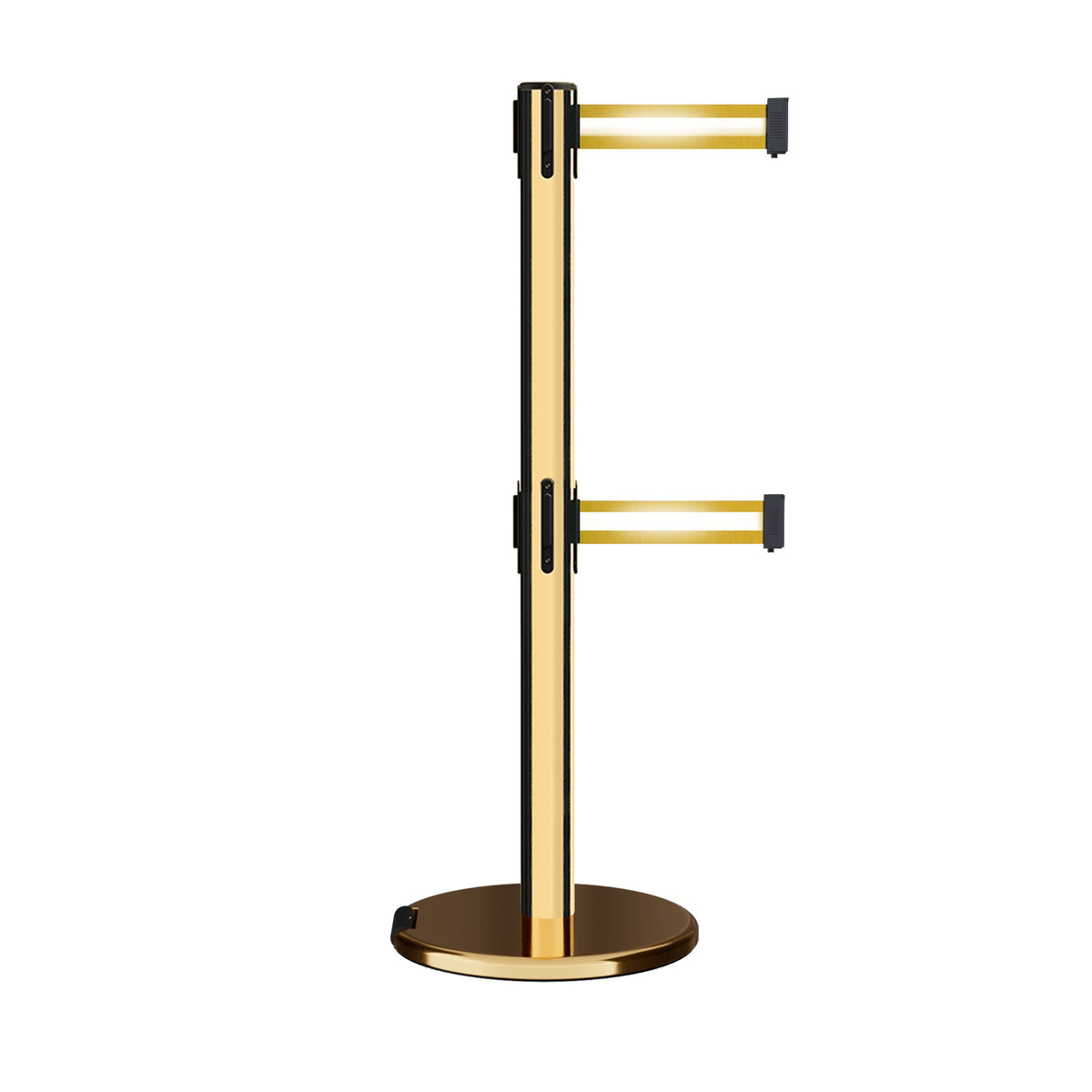 Retractable Dual Belt Barrier Stanchion, Rolling Base, Polished Brass Post, 13 ft Belt - Montour Line ME630D - Crowd Control Warehouse